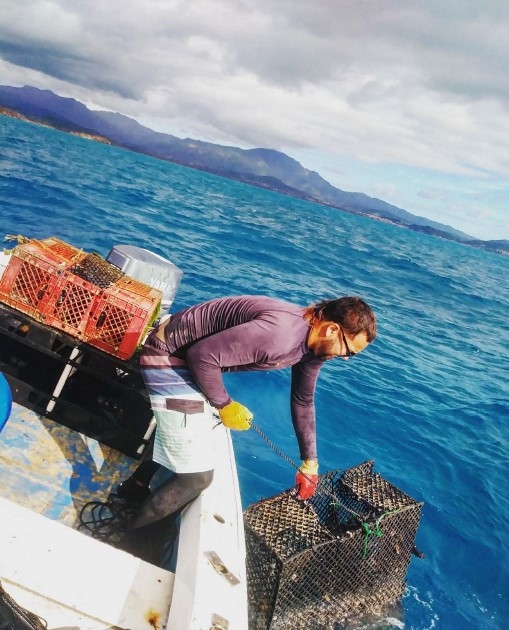 A person reaches over the side of a boat to pull in a crab trap.