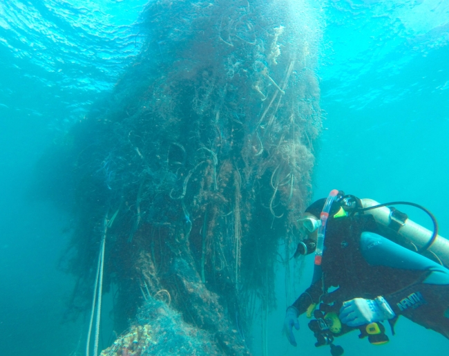 A diver next to a large net.