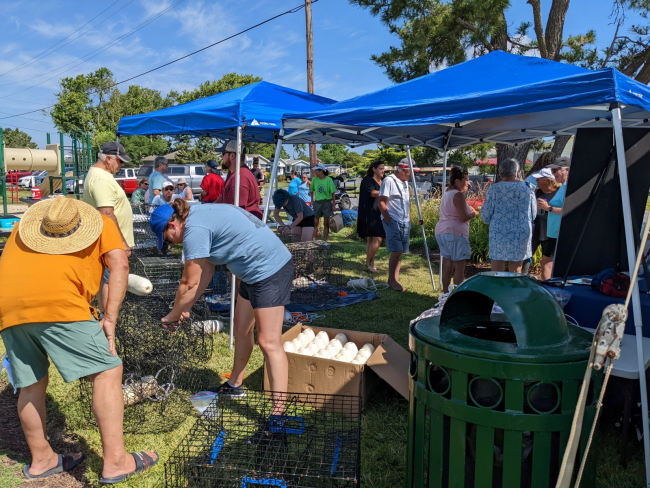 An outdoor event with crab traps getting checked.