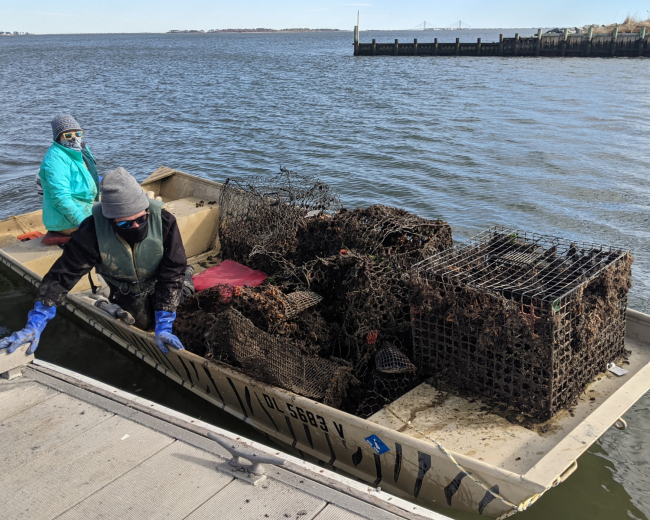 Two volunteers on a dockside boat loaded with recovered derelict crab pots.