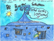 Child's drawing of waves with marine debris that says to be part of the solution and to love the ocean.