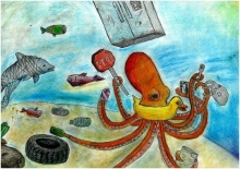 Octopus surrounded by marine debris, artwork by Yufei F. (Grade 5, Michigan).