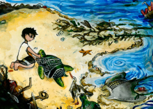 Artwork by Jennie C. (Grade 8, Massachusetts) of a child on the beach helping a sea turtle tangled in a net.