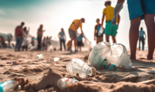 A group of volunteers picking up plastic marine debris on a sandy beach.
