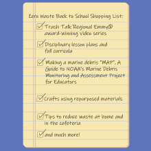 An infographic that portrays a shopping list and features some of the zero waste back to school materials available online by the NOAA Marine Debris Program. 