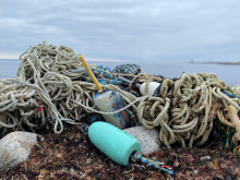 A mound of derelict fishing gear found on a rocky ocean shoreline.