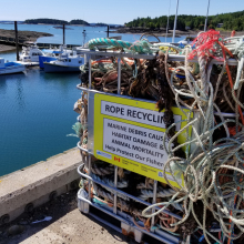 A disposal bin filled with ropes on a wharf.
