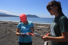 Surveyors record GPS locations on an MDMAP datasheet during a shoreline survey on a beach.