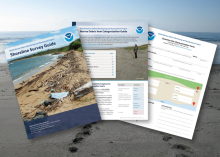Covers of monitoring guides and datasheets presented over a shoreline background.