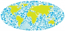 A graphic of the Earth, made up of marine debris.