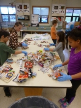 Students around a table sorting waste.