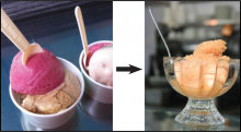 Gelato in disposable cups with plastic spoons and gelato in reusable cups with metal spoons.