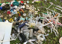 A collection of assorted single-use plastic lake debris.