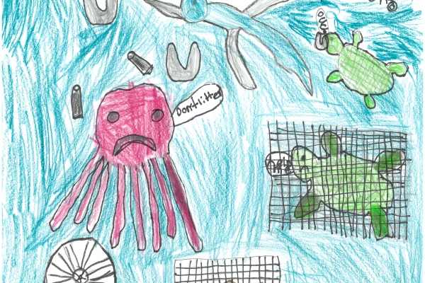 Child's drawing of animals entangled in marine debris.