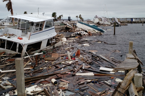 Vessels and other marine debris in a marina located in Panama City, Florida after Hurricane Michael in 2018.