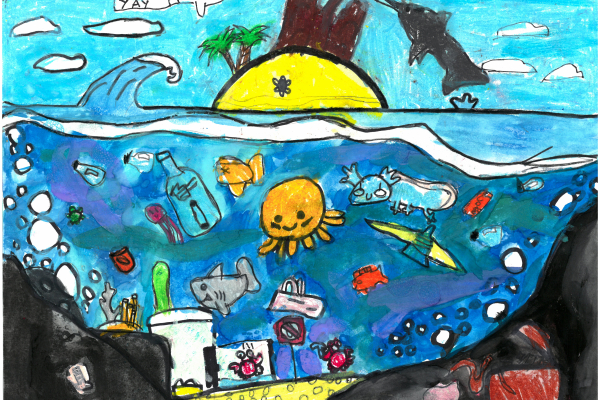 A colorful underwater scene of sea creatures amid marine debris under text that reads "Stop Polluting! Start Reusing!" Artwork Kai R. (Grade 2, Hawai'i), winner of the NOAA Marine Debris Program Art Contest.
