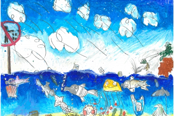 A child's drawing of an ocean and wildlife with marine debris.
