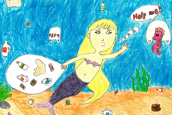 Student artwork of a mermaid picking up debris.