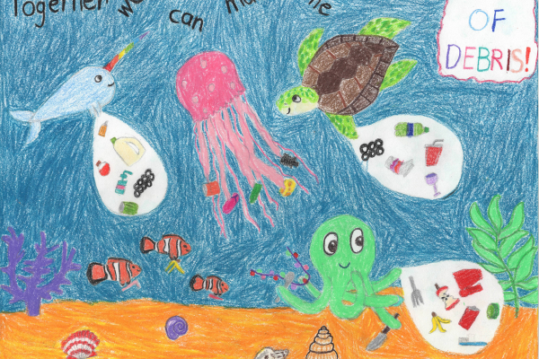 Artwork of sea creatures collecting marine debris, with text that reads "Together we can make the ocean Free of Debris".