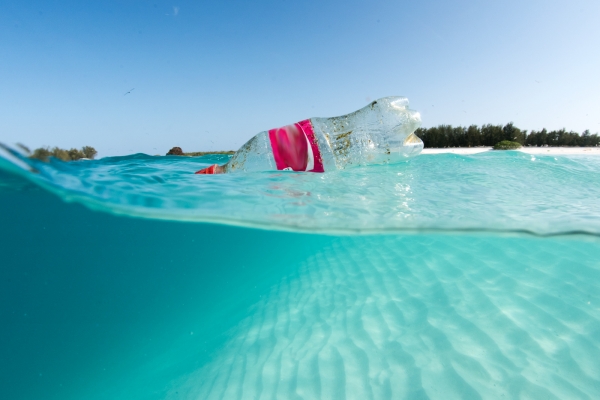 A plastic beverage bottle floating in beautiful, clear water.