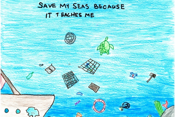 A child's drawing of an ocean with debris and the words "save my seas because it teaches me."