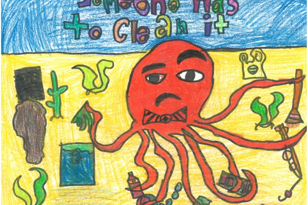 A child's drawing of an octopus cleaning up debris.