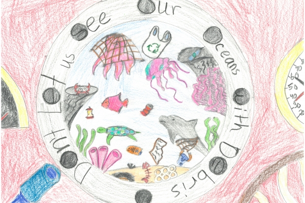 Child's drawing of an ocean polluted with marine debris as seen out of a porthole.