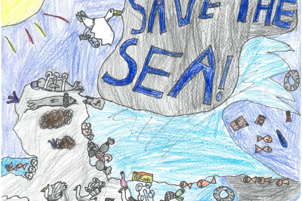 Child's drawing of animals on a shore entangled in marine debris and the words "Save the Sea."