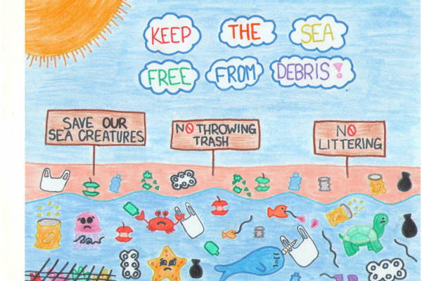 Artwork of a beach covered in debris with signs reading "Save our sea creatures," "No throwing trash," and "No littering" underneath the text "Keep the sea free from debris!".
