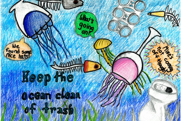 Calendar artwork submission of marine debris in ocean. 