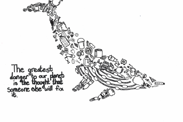 A pen and ink drawing of a whale made of debris items, with text reading "The greatest danger to our planet is the thought that someone else will fix it," artwork by Sophia K. (Grade 5, New York), winner of the NOAA Marine Debris Program Art Contest.