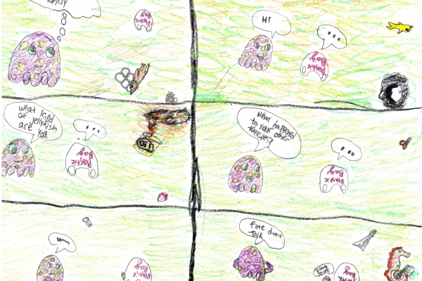 A child's drawing of a comic strip in which a jellyfish tries to speak to a plastic bag, thinking that it is also a jellyfish.