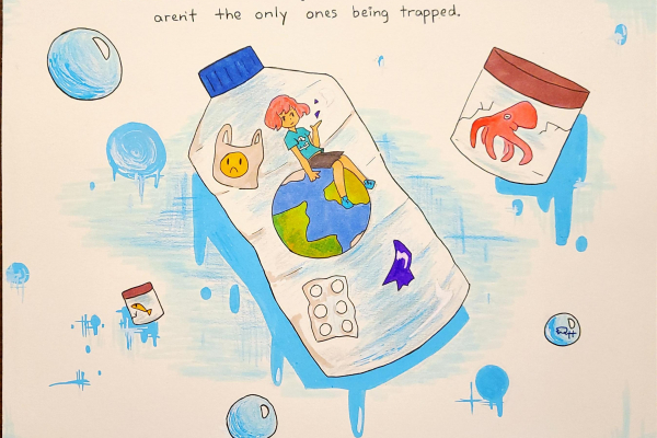 Artwork of a child sitting atop a globe inside a water bottle filled with marine debris, underneath text reading "Pollutants are harming animals. But they aren't the only ones being trapped."