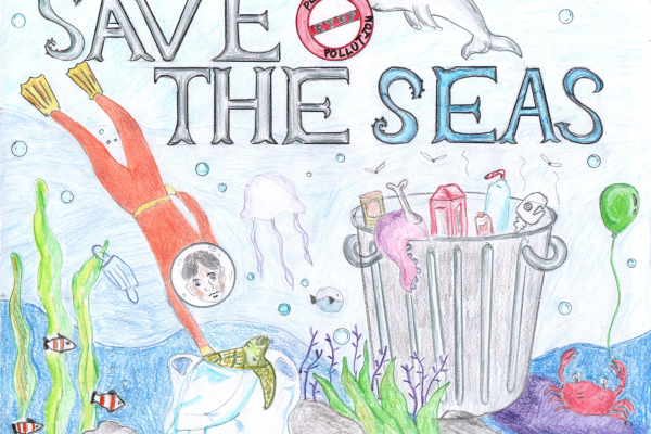 A diver frees a turtle from a plastic bag beside a trash can full of debris items, under text reading "Save the Seas," artwork by Jaemyn L. (Grade 6, Pennsylvania), winner of the NOAA Marine Debris Program Art Contest.