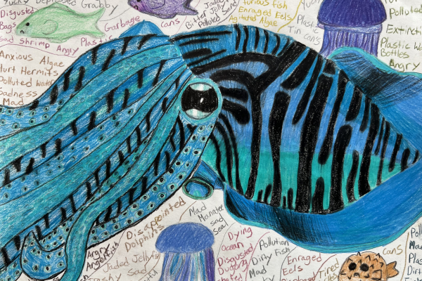 A blue cuttlefish surrounded by other sea creatures and text reflecting the negative impacts of debris on the ocean, artwork by Heidi K. (Grade 6, Virginia), winner of the NOAA Marine Debris Program Art Contest.