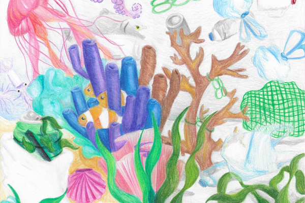 Artwork of a coral reef filled with fish and marine debris.
