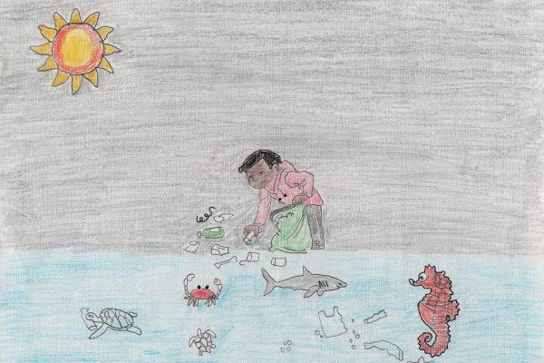 A person cleans up the beach amid sea creatures, artwork by Courtlyn W. (Grade 7, Louisiana), winner of the NOAA Marine Debris Program Art Contest.