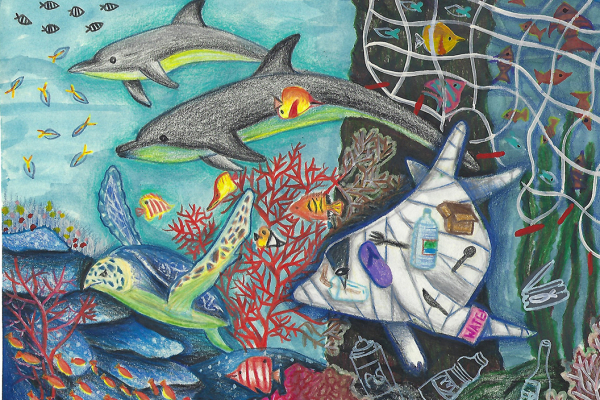 Artwork of creatures swimming through a coral reef away from a derelict net, accompanied by a dolphin filled with marine debris.