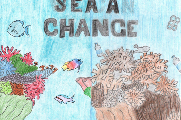 An image of a clean, vibrant coral reef on one side and a brown, debris-covered coral reef on the other beneath text reading "Sea a Change," artwork by Magdalene F. (Grade 8, Florida), winner of the NOAA Marine Debris Program Art Contest.