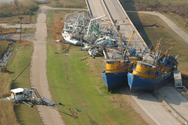 Vessels run aground in Empire, Louisiana after Hurricane Katrina, 2005.