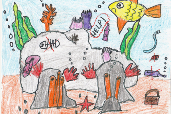 Artwork of a coral reef scene featuring debris amid creatures asking for "Help".
