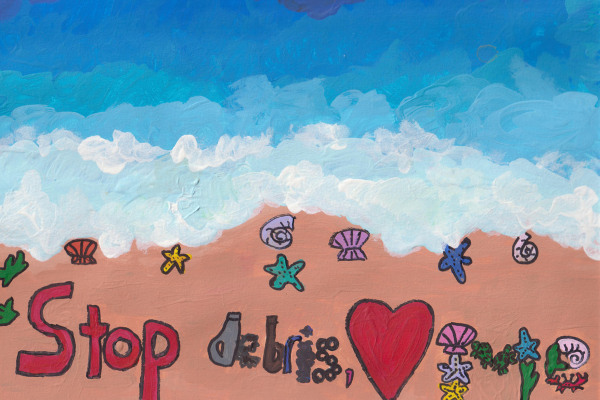 Artwork of a sandy beach with debris and seashells spelling out "Stop Debris, [love] Me".