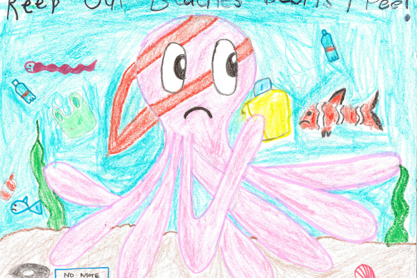 Artwork of a sad octopus holding a discarded container with the message "Keep Our Beaches Debris Free!".