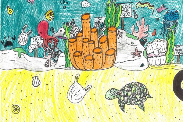 Artwork of a coral reef scene with debris and sea creatures holding signs that read "Save the Sea!". 