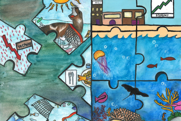 Artwork of two halves of a puzzle, one depicting clean seas and one with seas impacted by marine debris. 