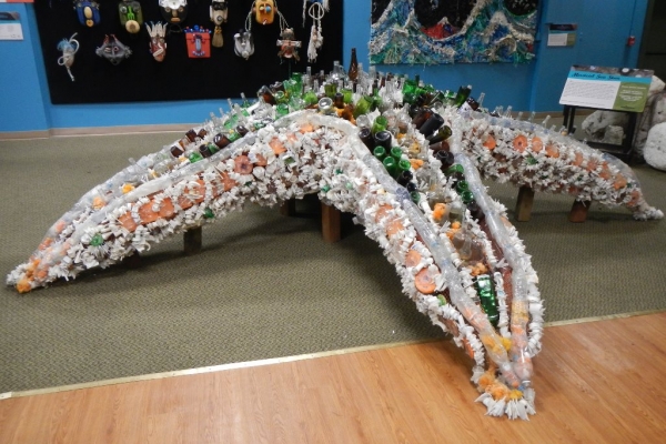 A sea star sculpture made of disposable beverage bottles and other debris.